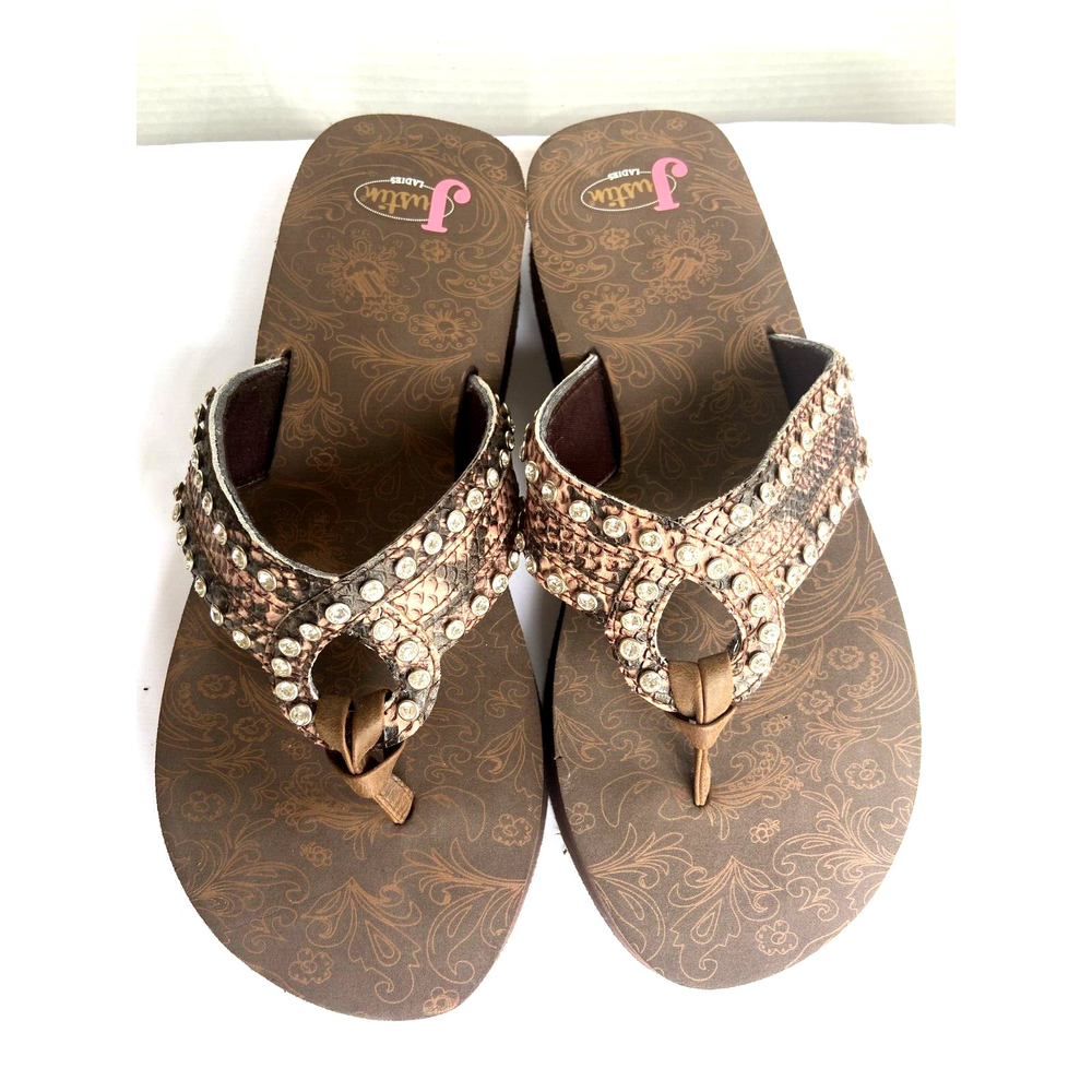 Women Justin 11 Western Styl Wedge/Sandal Brown with silver Studs 2" Back Heel